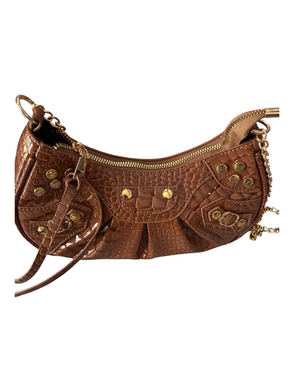 NWT Brown Croc Embossed Y2K Moto Shoulder Bag Gold Hardware